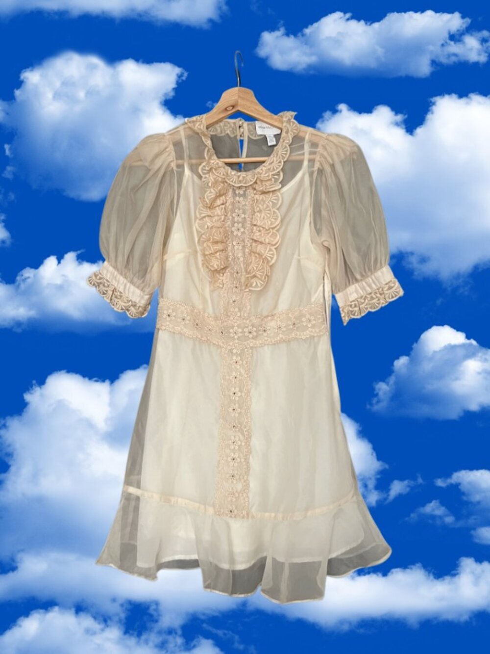 alice McCALL Cream Sheer Puff Sleeve Lace Detail Dress Size US 2